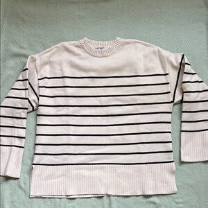 Zara Cream and Navy Striped Crewneck Sweater